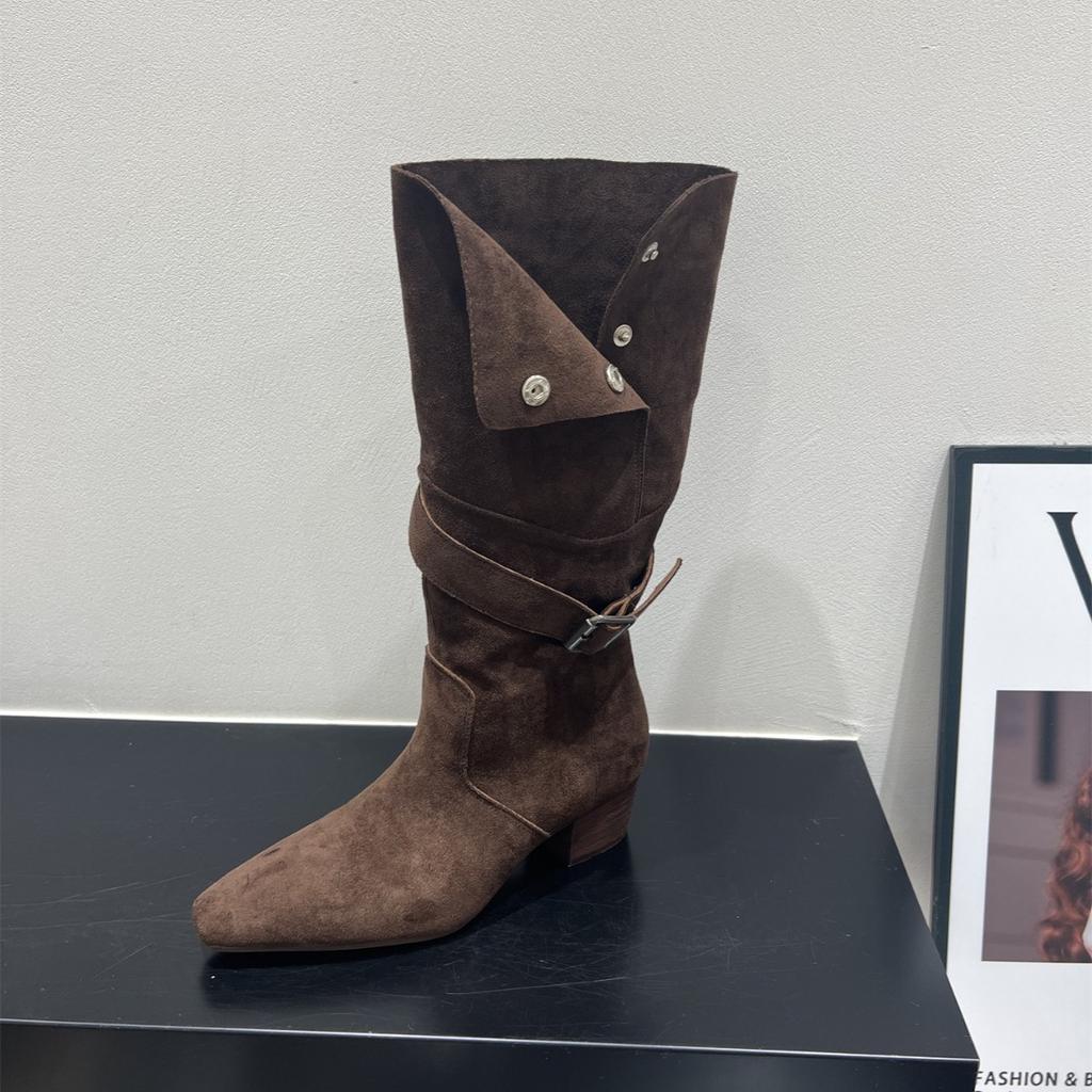 High Heel Suede Pointed Pile Boots Medium Knight Boots Women's Boots 2025 Autumn/Winter Brown Long Skinny Boots