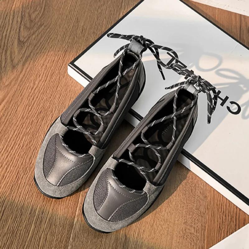 Designer Flat Heel Casual Single Shoes Women All Match Cross Tied Ballet Shoes Outdoor Runway Breathable Mary Janes Female Ins