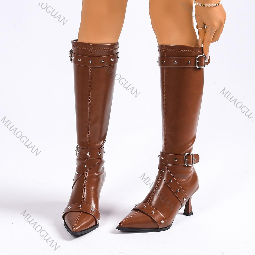 Fashion Women's Knee High Boots Pointed-toe Belt Buckle Slimming High-heeled Fashion Autumn Shoes Sexy Punk Gothic Rivet Long Botas