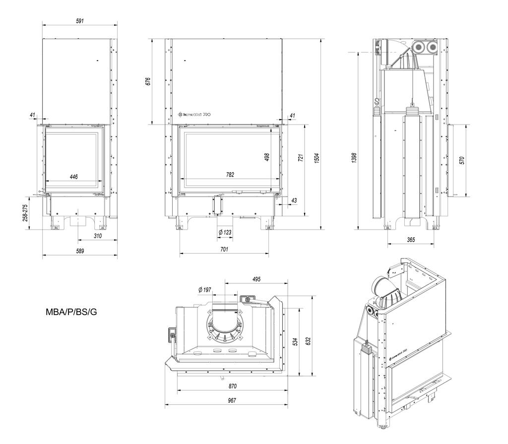 Steel fireplace KRATKI MBA right 17 kW Ø 200 Lift-up