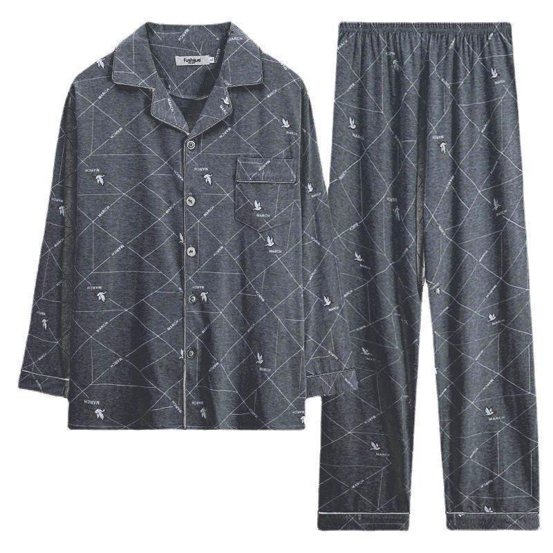 

2023 Мужская пижама с длинным рукавом из 100% хлопка - Весенне-осенний стиль для мальчиков-подростков XXXXL