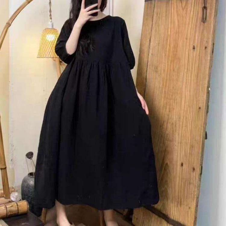 New Plus Size Summer Dress Women Vintage Casual Loose Maxi Dress Solid Basic O Neck