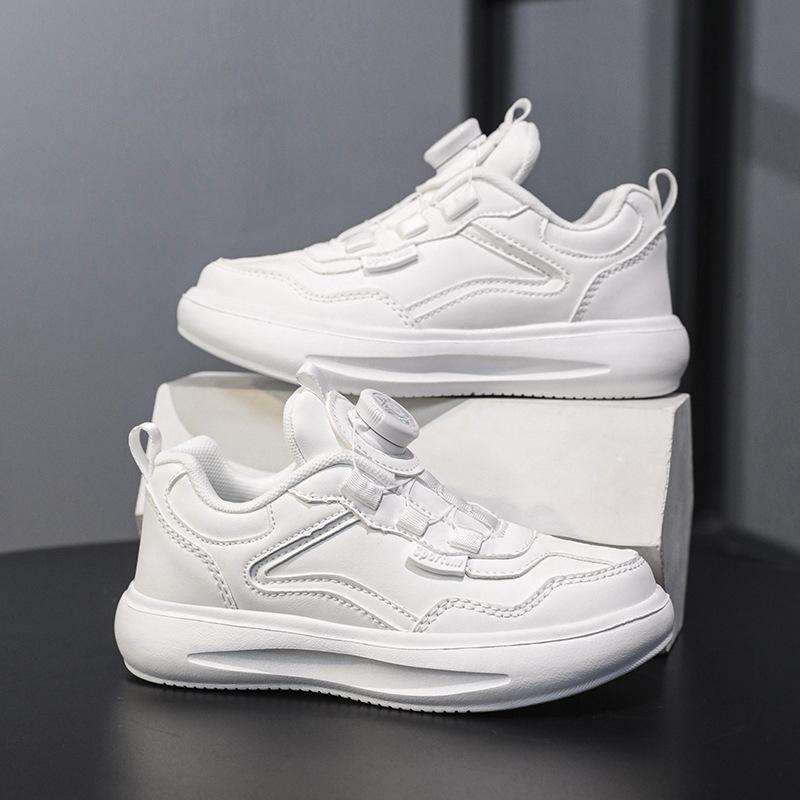 New Boys and Girls Sports Shoes Leather Waterproof Rotating Buckle Children's Sports Shoes Lightweight Versatile Student White Shoes