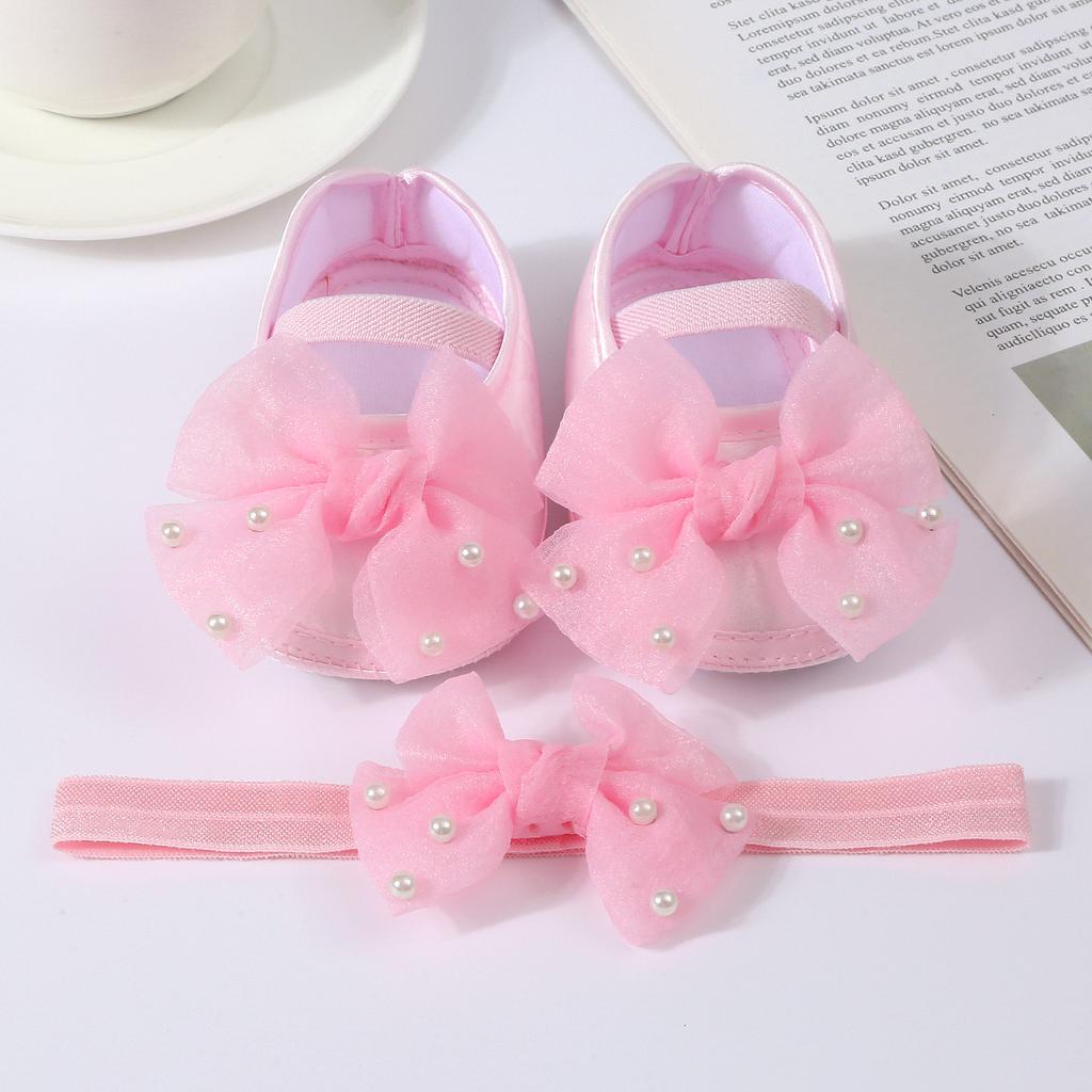 Elegant Lace Pearl Tulle Bow Baby Crib Shoes Matching Stretch Headband Set, Non-Slip Flexible Sole Toddler First Walkers Princess Outfit Accessory