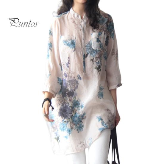 

Женская летняя рубашка с воротником-стойкой, блузка с рукавами 3/4, цветочный принт, накладные карманы, пуговицы, половина планки, топ средней длины, уличная одежда S синий