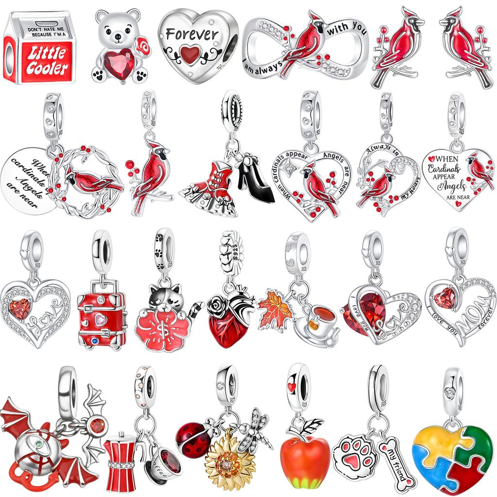 New Authentic Copper Red Charm Bead Charms Red Bird Heart Mushroom Bead Charms Pendants Compatible With Bracelets Necklaces Do It Yourself Jewellery G