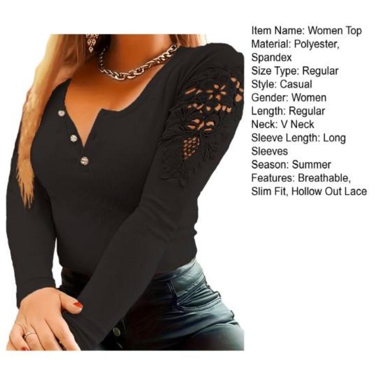 Women Hollow Out Lace Patchwork Pullover T Shirt Long Sleeve Slim Fit Soft Stretchy Round Neck Button Closure Solid Color Top Lady Spring Fall