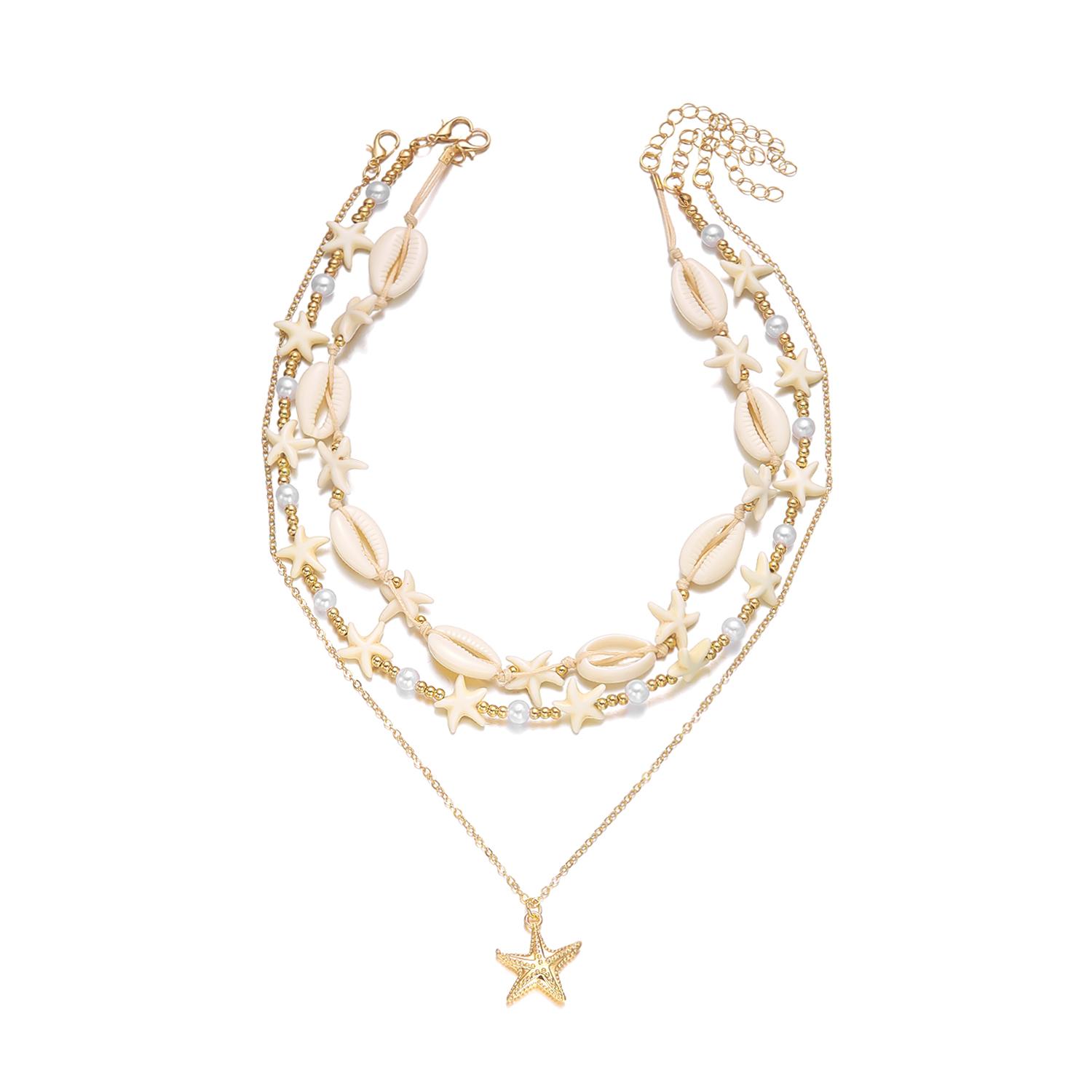 3Pcs Ocean Starfish Shell Conch Seed Bead Choker Layered Summer Beach Vacation Necklace Set
