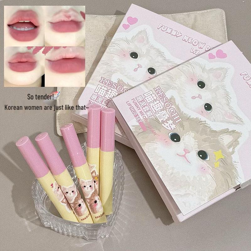 RESOCHI Meow Fun Dream Lip Mud Gift Set: Pink Mist Texture, Cute & Girly Daily Lipstick, 5-Piece Set.