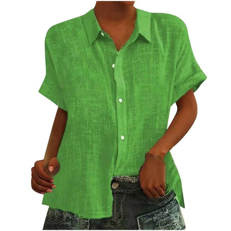 Solid Color Women's Loose Cotton and Linen Short Sleeve Lapel Button Cardigan Top Women
