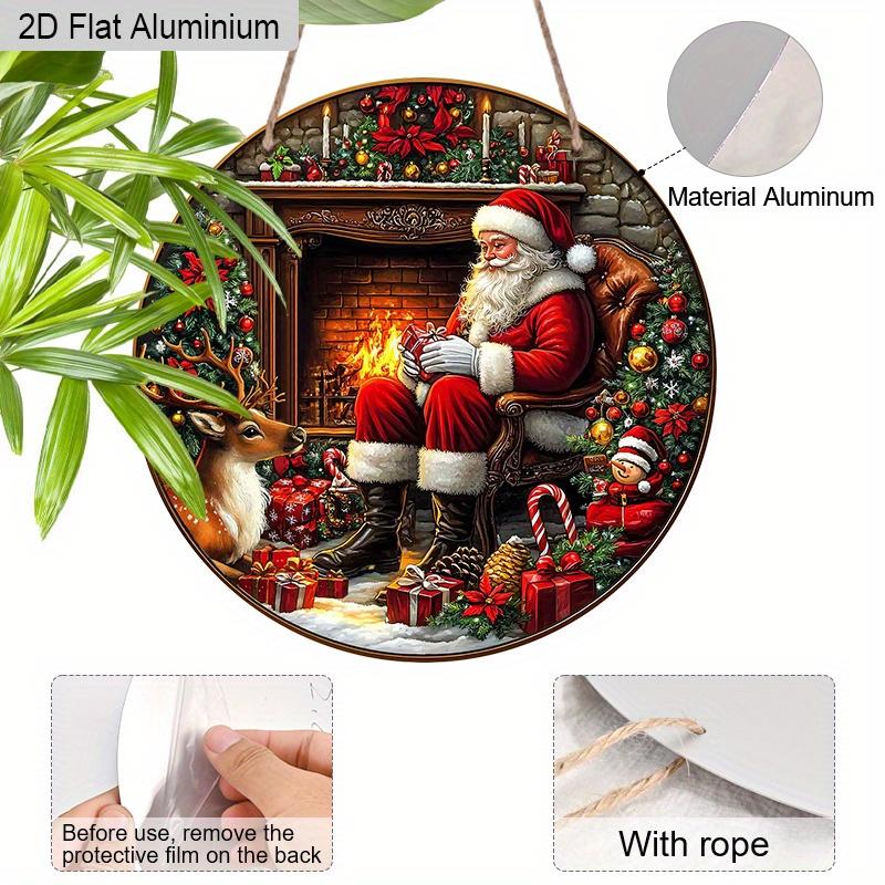 2D Flat Aluminium Merry Christmas Sign with Santa Claus & Fireplace Pattern - Warm Winter Figurine Ornaments - Ideal for Front Door, Wall, Porch