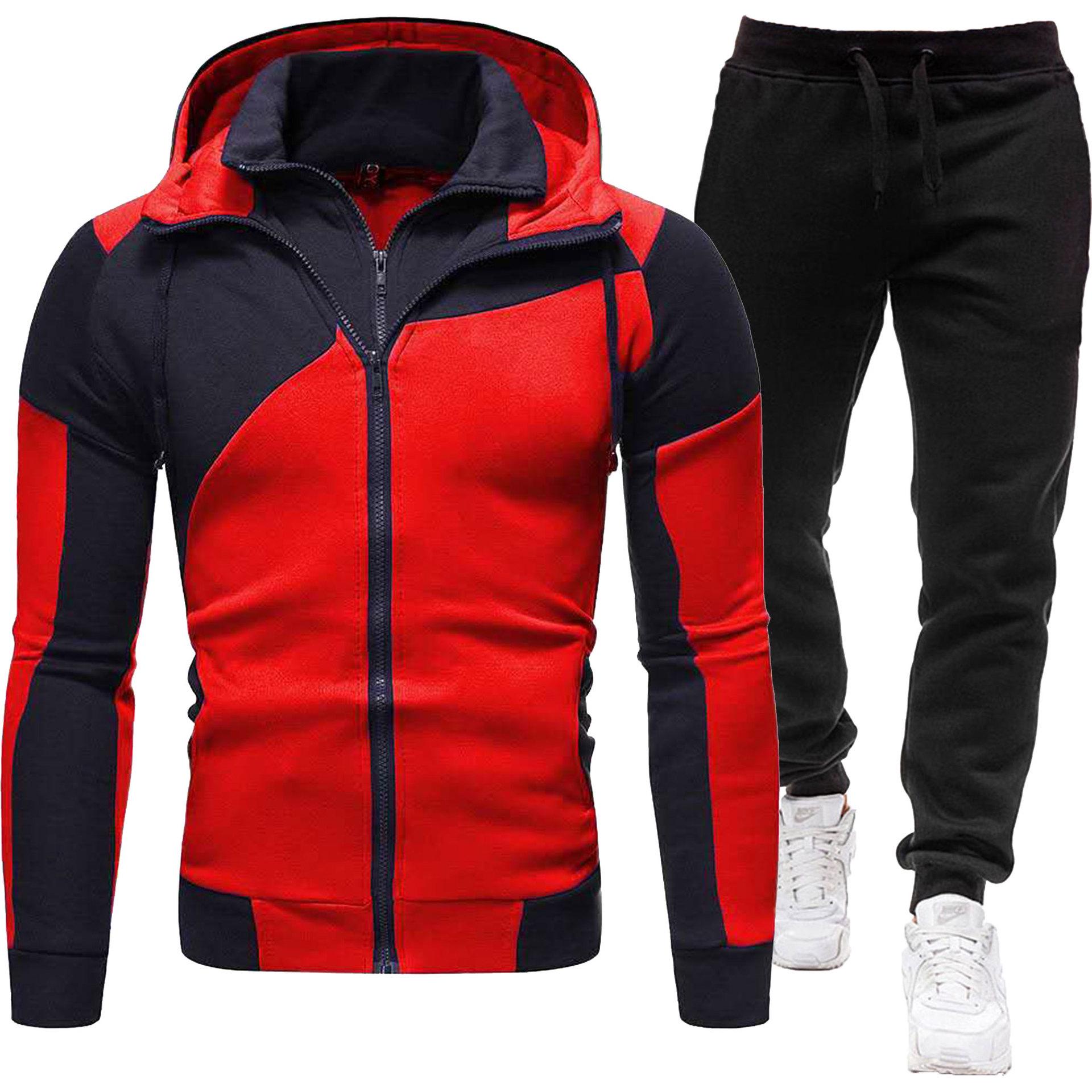 

Мужской двухслойный худи на молнии с колорблоком и комплект спортивных брюк облегающего кроя L красный