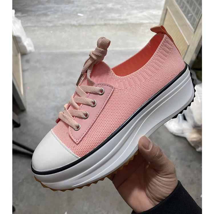New Thick-soled European and American Large-size Single Shoes with Front Lace-up Fly-woven Thick-soled Round-head Single Shoes Women's Shoes