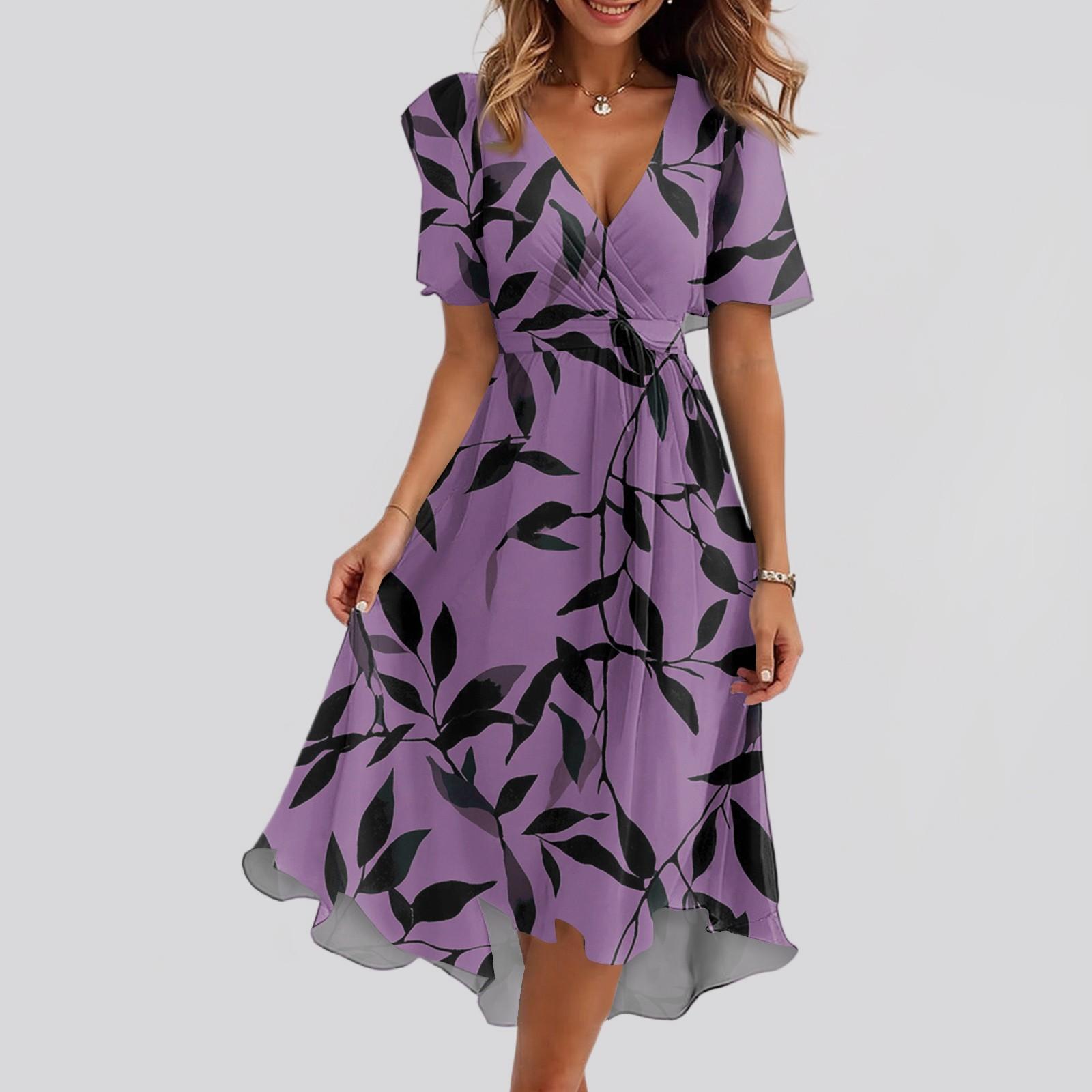 

Женское свободное повседневное платье с V-образным вырезом, расклешенная юбка, короткие рукава, напечатанное платье с принтом M