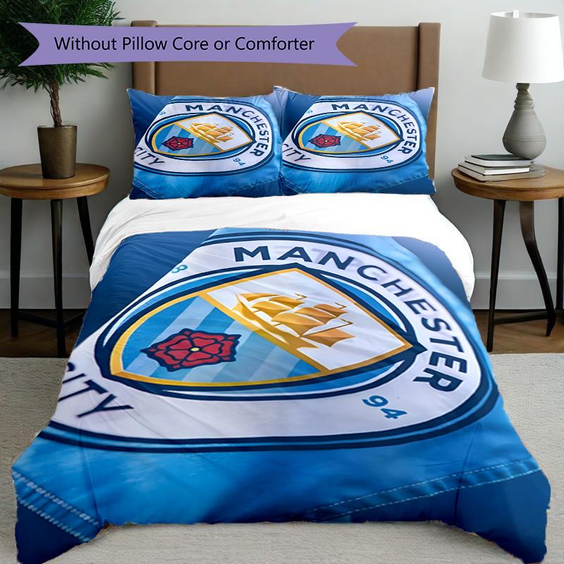 3pcs Duvet Cover Set (1*Duvet Cover + 2*Pillowcase, Without Core),Manchester City FC Print Bedding Set, Bedroom Decor, All‑Season, Birthday Gift