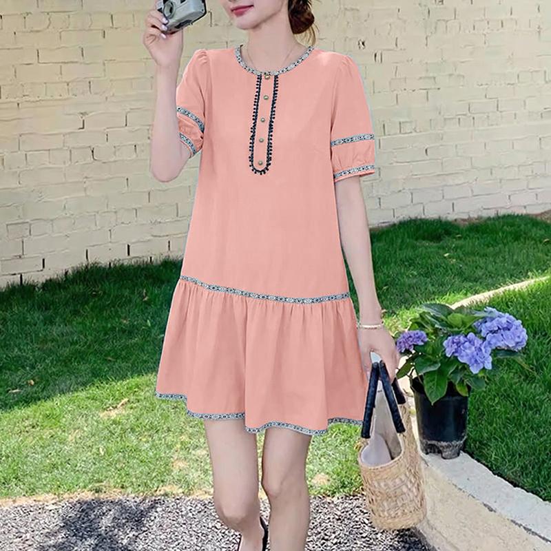 ZANZEA Kadın Rahat Yuvarlak Yaka Yaz Kısa Kollu Elbise