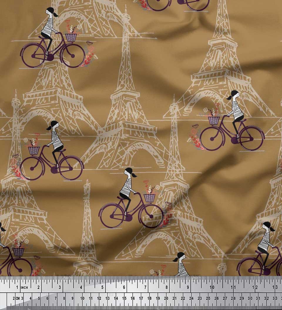 

Тканина Soimoi Japan Crepe Satin Girl, Bicycle & Eiffel Tower Architectural Print Тканина на метри 42 дюйма 42 Inch Wide - Poly Crepe коричневий
