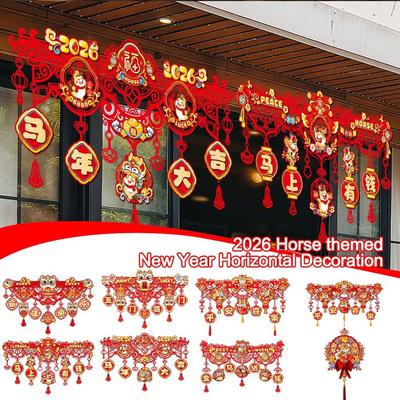2026 Horse-themed Lunar Year Decor Chinese Character Flocking New Year Decor Hanging Tassels Lintel Sticker