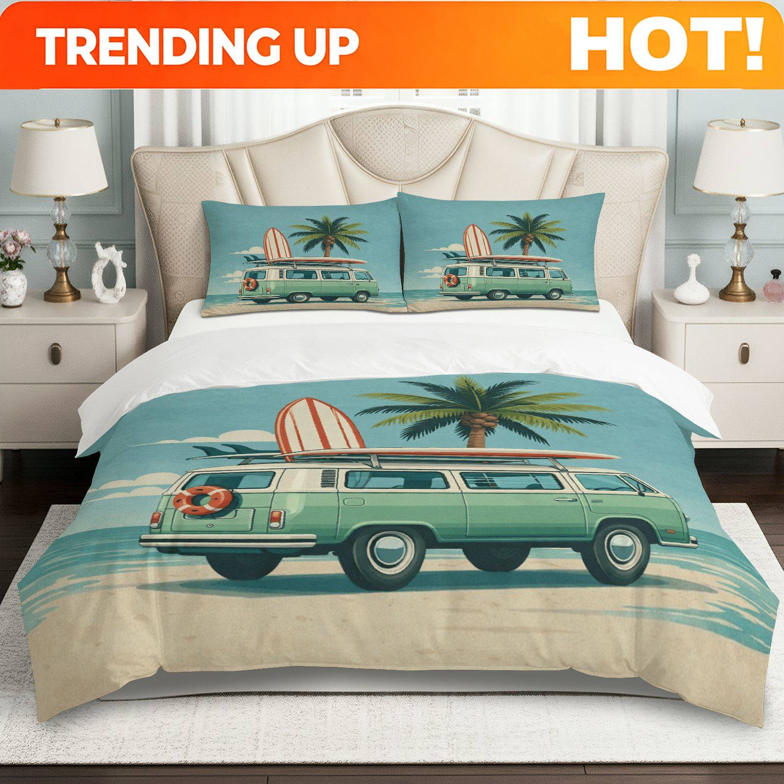 Personaliseer 3-delige Dekbedovertrekset, 1 Dekbed+2 Kussenslopen( Zonder vulmiddel), Retro Strand Surfen Van Palm Thema, Zomer Beddengoed, Vint Eu King(240x220cm)