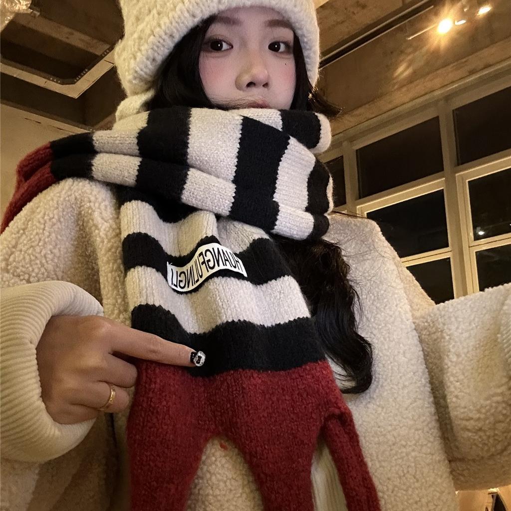 Korean Style Contrast Stripe College Style Wool Knitted Scarf for Women Winter New Warm and Versatile Large Tassel Scarf