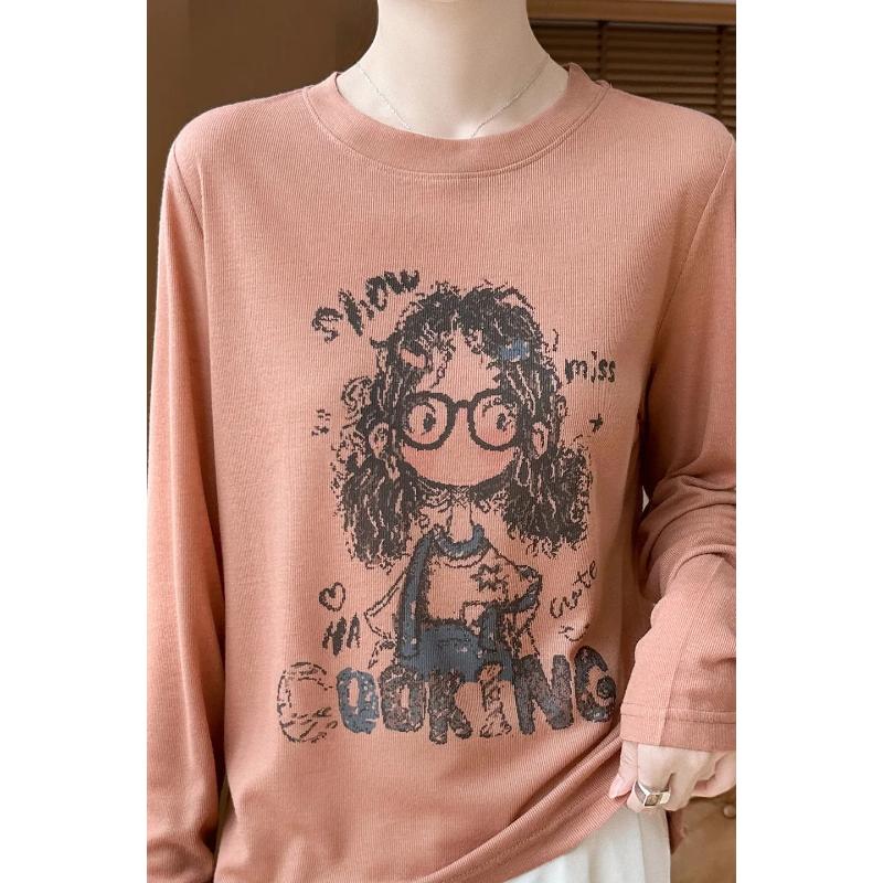 Autumn Printed Long-sleeved T-shirt Loose Cartoon Blouse 2025 New Age-reducing Top Thin Inner Wear