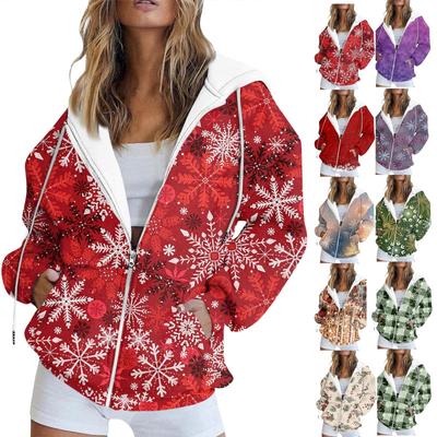 Women's Fashion Casual Printed Sweatshirt Autumn And Winter Long Sleeve Pocket Cardigan Jacket Zipper Hoodie Coat