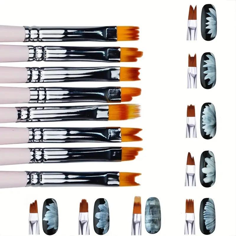 8Pcs Set Oblique Gradient Smudge Nail Flower Drawing Sawtooth Pen Multifunctional Mix Shape Petal Painting Gel Nail Art Brush