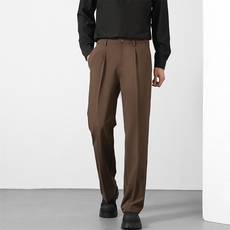 Men's Loose Suit Pants Classic Straight Solid Color Drape Elastic Business Office Worker Casual Trousers Brown Khaki Gray
