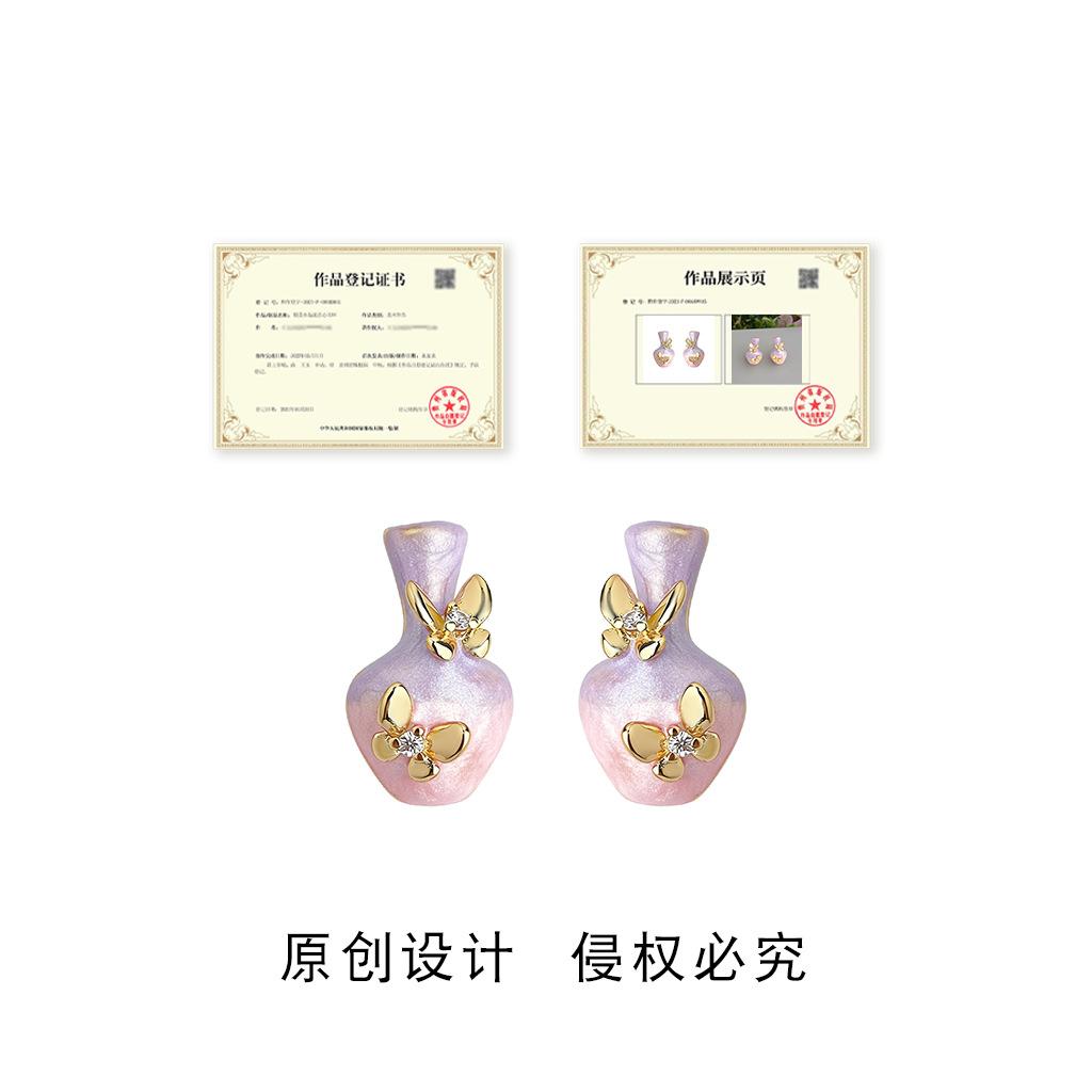 Design vase butterfly enamel drip glaze hand painted s needle earrings fresh and sweet
