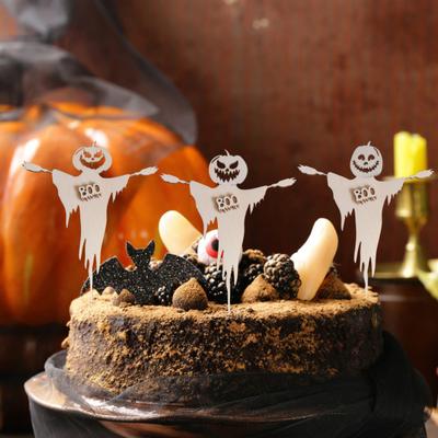 3 Pcs Halloween Cupcake Toppers Spooky Pumpkin Ghost Wooden Cupcake Pick for Halloween Theme Baby Shower Birthday Party Cake Decoration