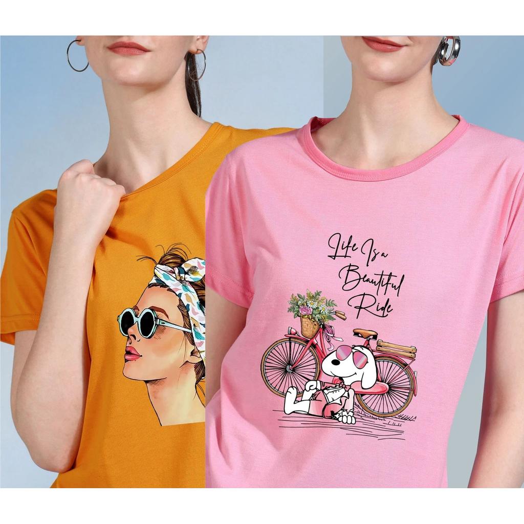Indian Cotton Blend Women T-Shirt Short Sleeve Casual Round Neck Top Pack Of 2