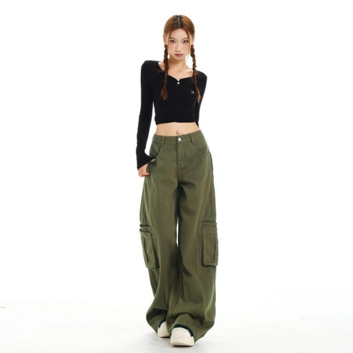 Women's Army Green Loose Cargo Jeans - Spring Style, Slim Fit, Wide Leg, Large Pockets