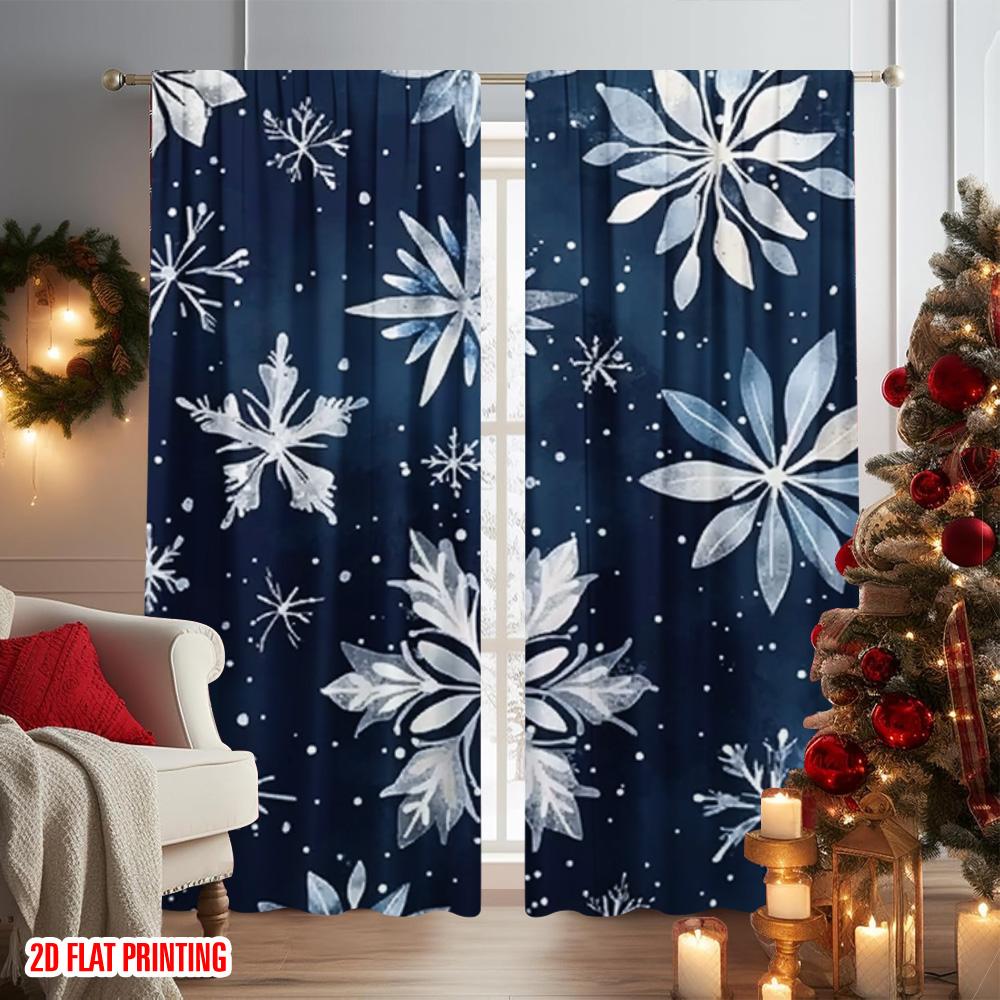 2pcs 2D flat printing Christmas Scene Curtain Blue Snowflakes Versatile Durable Polyester Without Electricity Versatile for