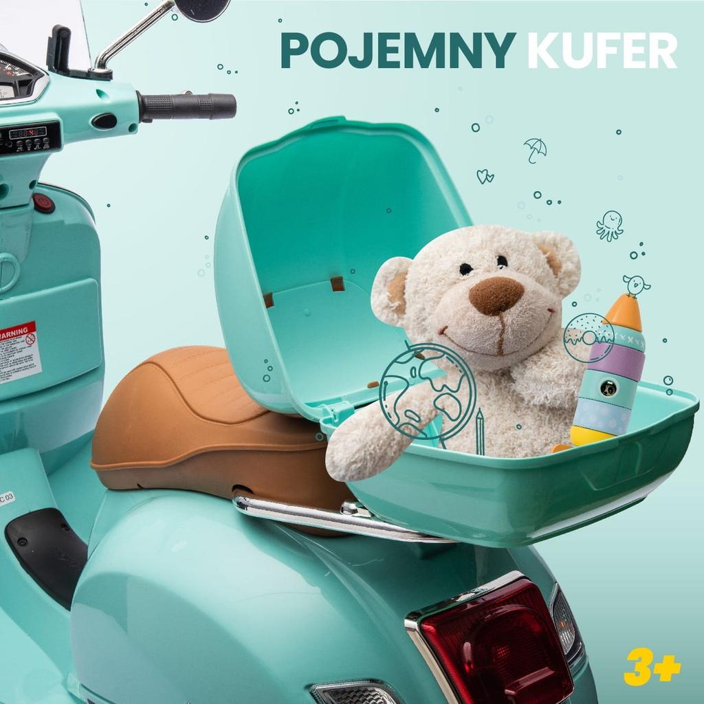 Jeździk Dla Dziecka Skuter Vespa Na Akumulator Z Kuferkiem Turkusowy Sun Baby
