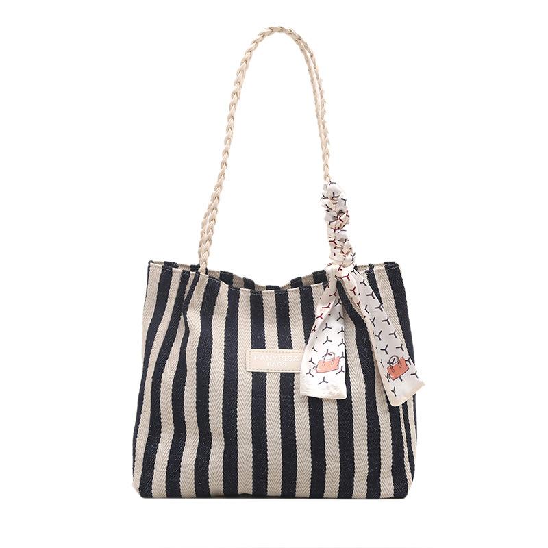

Striped large-capacity bag women s 2025 new trendy summer Korean commuter tote bag college style leisure shopping bag синий