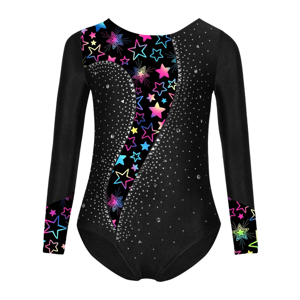 Mädchen Turnanzug Gedruckt Patchwork Glänzende Strassstein-Verzierung Langarm Overall Bühnenkostüm
