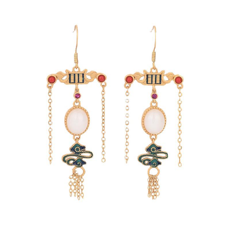 Vintage Chinese Hanfu Earrings with Hetian Jade Tassels