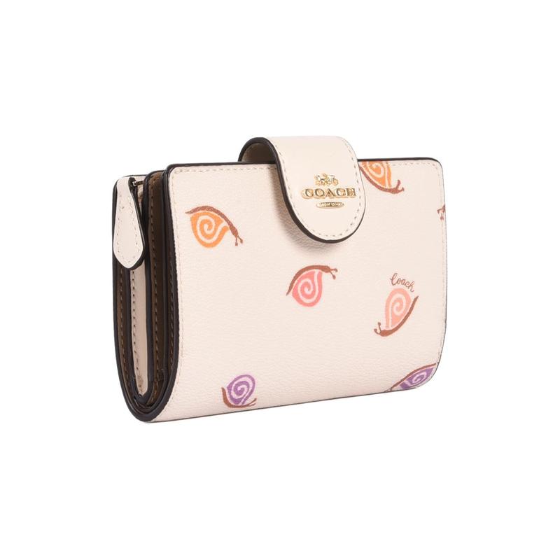 COACH Corner Zip 13 Snail print multi-card slot snap closure Smooth leather and coated canvas Card holder wallet Women's Chalk White