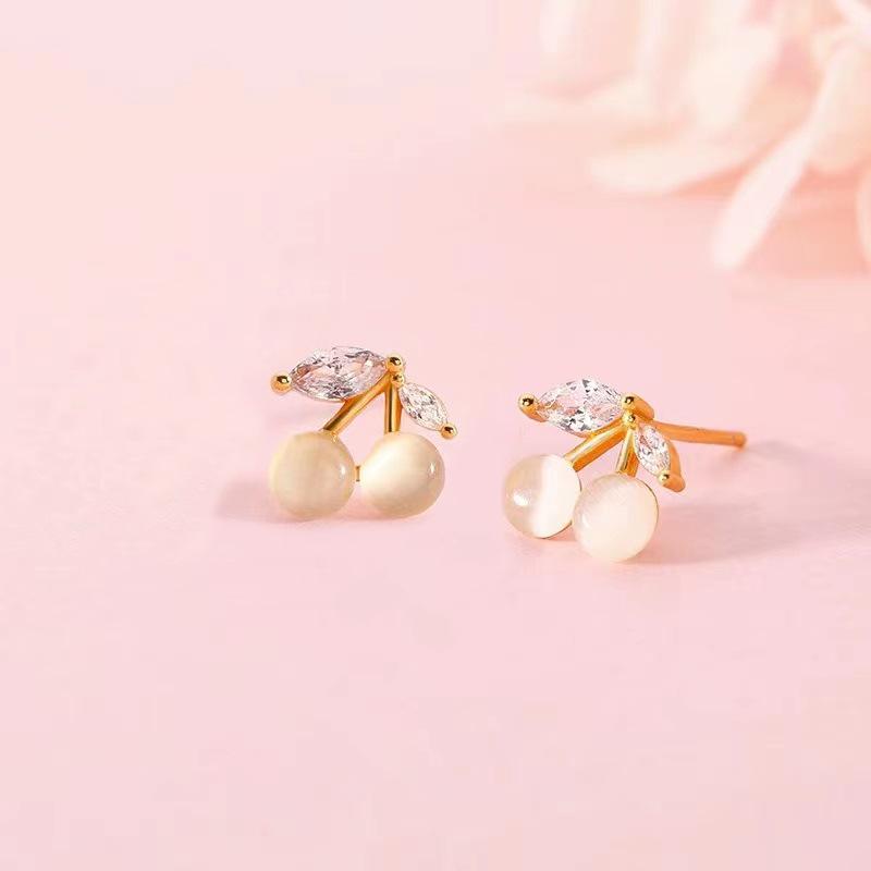 

Серьги-гвоздики Cherry, женские простые серьги Niche Design Sense Pink Opal Fruit Earrings Summer