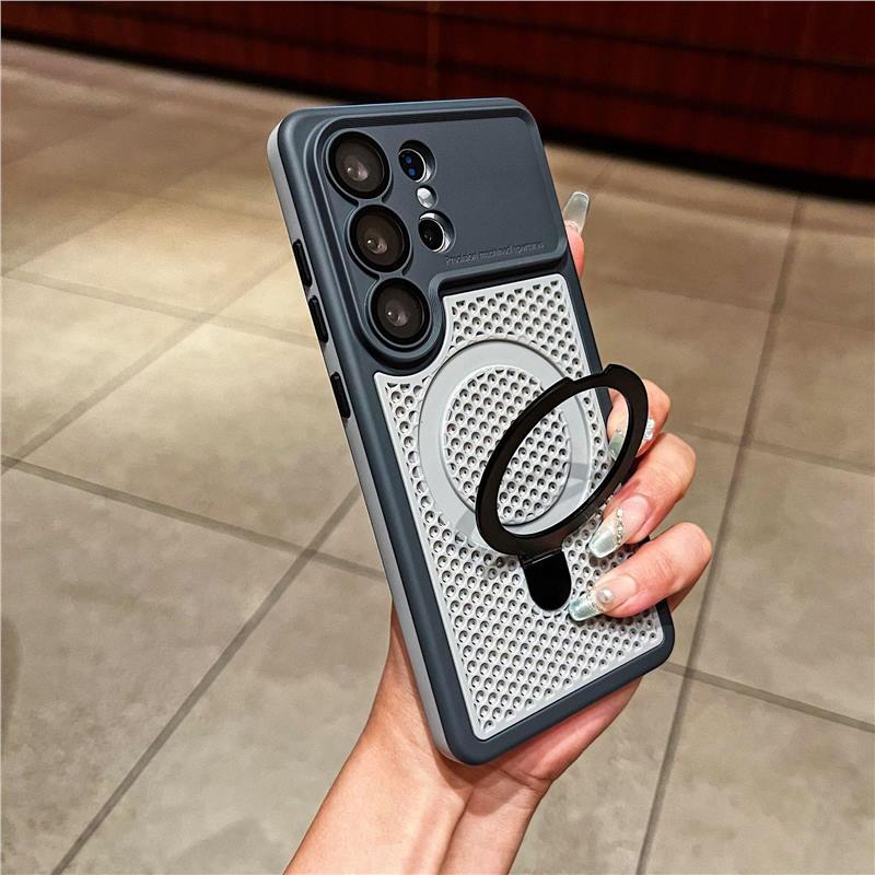 Applicable to Samsung S26ultra magnetic suction bracket mobile phone case s25ultra hollow two-color heat dissipation mesh case protective case