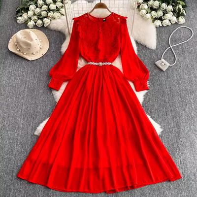 Elegant Autumn Chiffon Patchwork Lace Hollow Out Long Dress For Women O Neck Lantern Sleeve Black Pearl Belt Party Robe Clothes