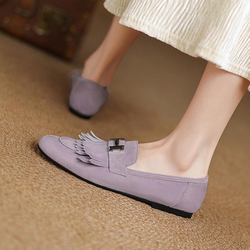 New solid color flat-bottomed loafers, comfortable and soft cowhide single shoes, low-heeled genuine leather women's shoes, cowhide soles, and large-