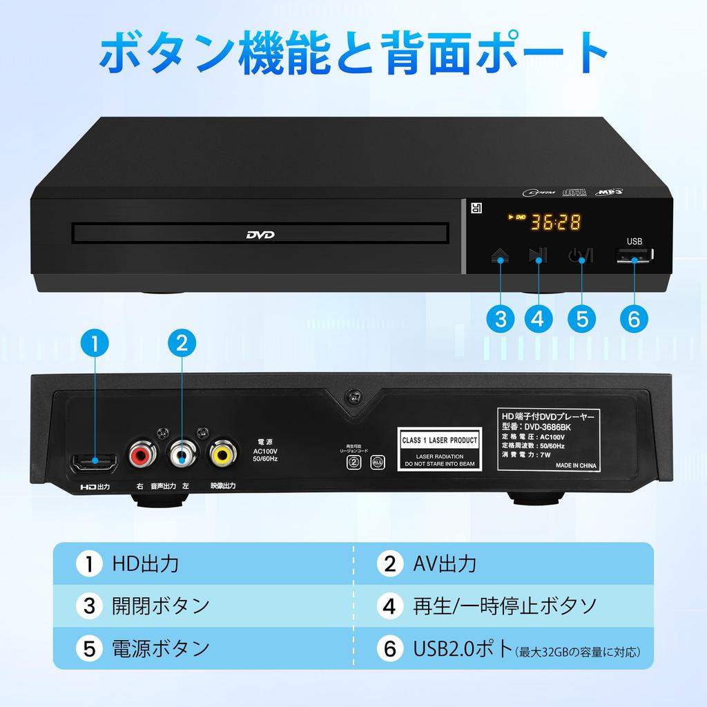 DVD-Player für 1080P Regionswiedergabe CPRM Spielt aufgenommene terrestrische digitale Inhalte USB Erweitert Unterstützt verschiedene Disc-Typen Enthält AV und HDMI Fernbedienung