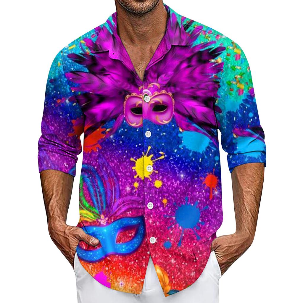 Men's Summer New Loose Print Long Sleeve Shirt Cardigan Beach Shirt