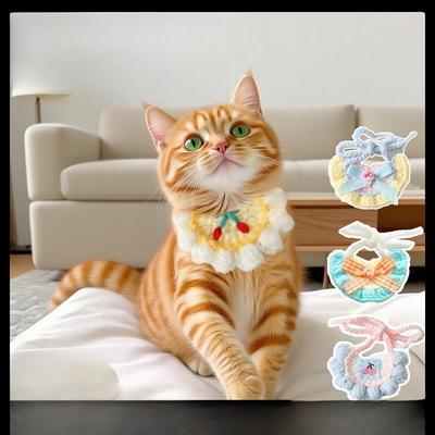 Toalha Úmida para Pet com Padrão de Gato Fofo Cartunesco, Gola de Tricô para Cães, Toalha Úmida Babador para Cães, Tiras Elásticas Ajustáveis