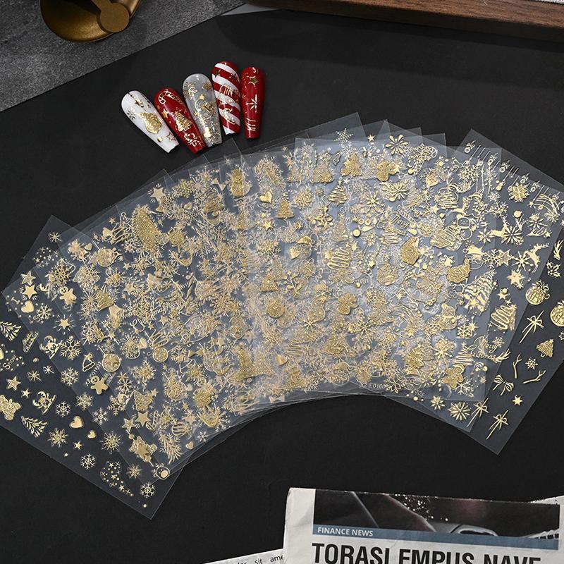 1Sheet Gold 3D Christmas Nail Foil Stickers Sparkling Snowflake Christmas Tree Snow Globe Snowflake Nail Slider Nail Stickers