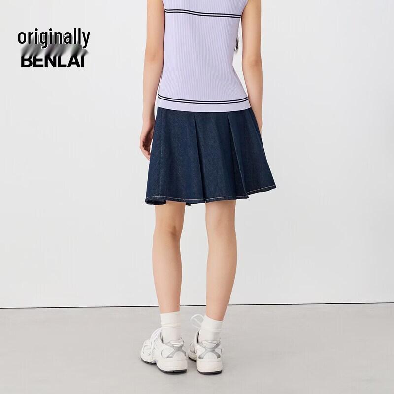 BENLAI Women's Retro Pleated Denim Midi Skirt