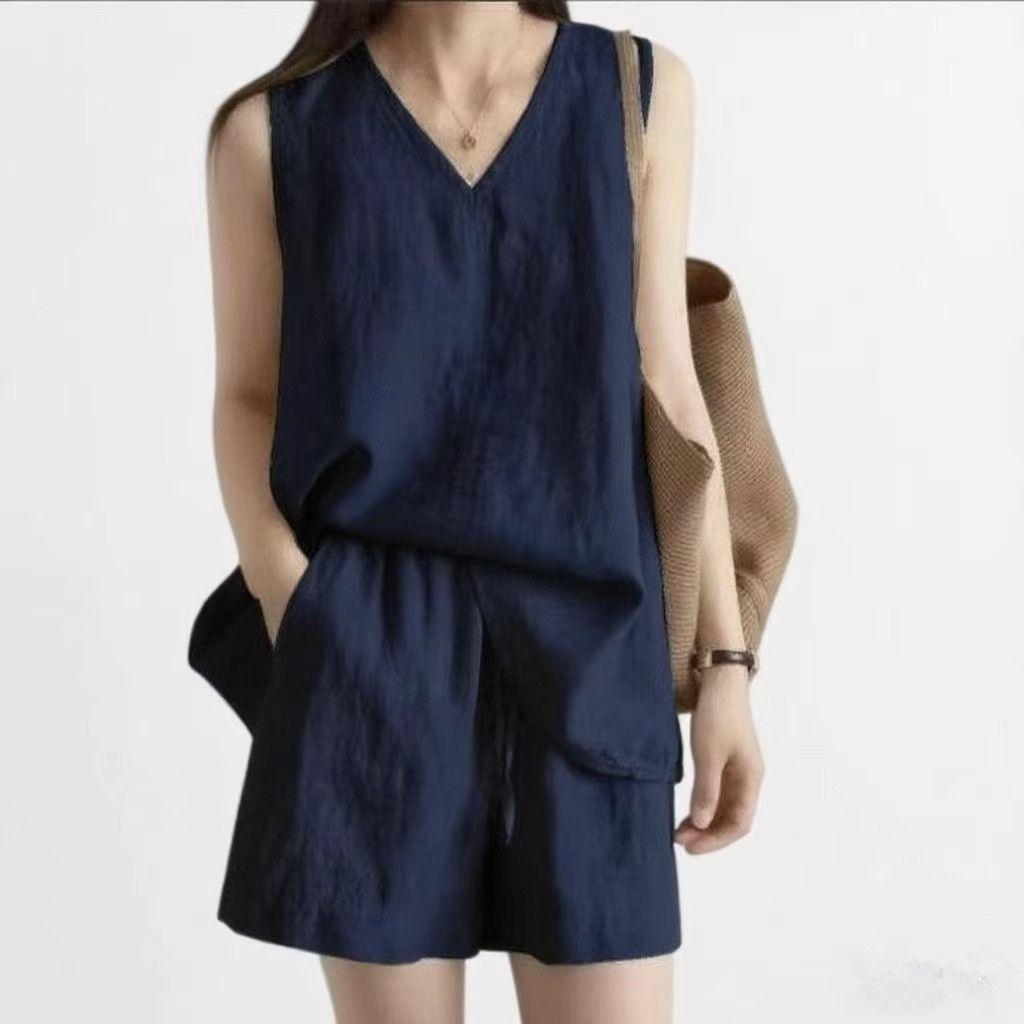 Summer Cotton Linen Casual Sleeveless Two-Piece Set Simple Top Shorts Fashion Design Comfortable Polyester Blend Women's Outfit