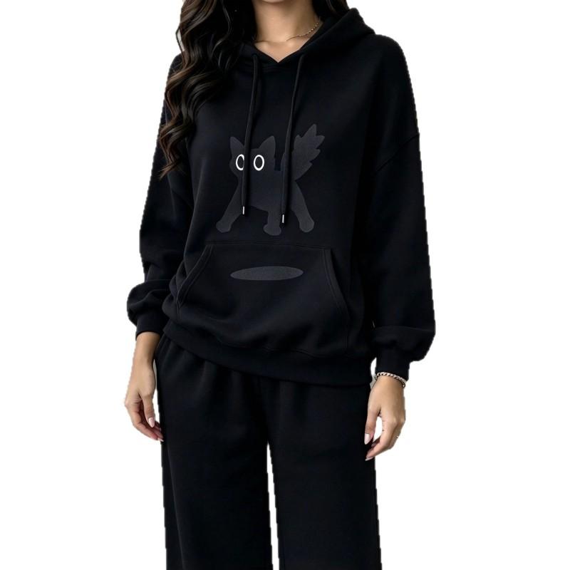 Womens Casual Hoodie Sweatshirt Set Black Cat Print Loose Fit Loungewear