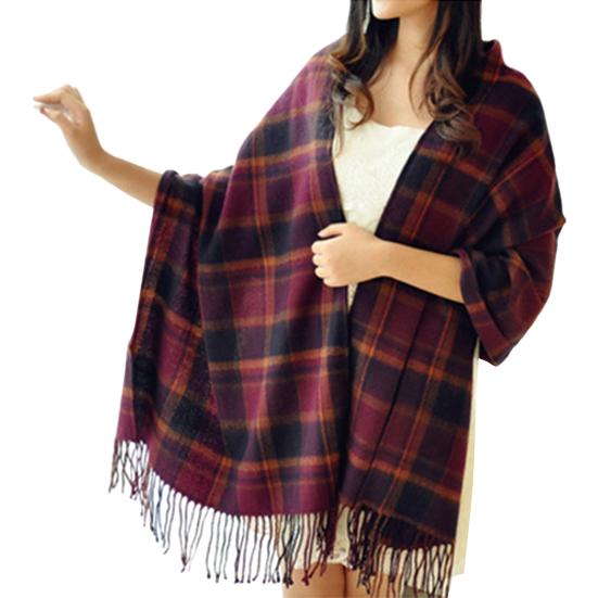 Women Winter Colorful Plaid Print Scarf Tassel Trim Imitation Cashmere Thick Shawl Elegant Large Long Warm Scarf Fashion Accessories EMA